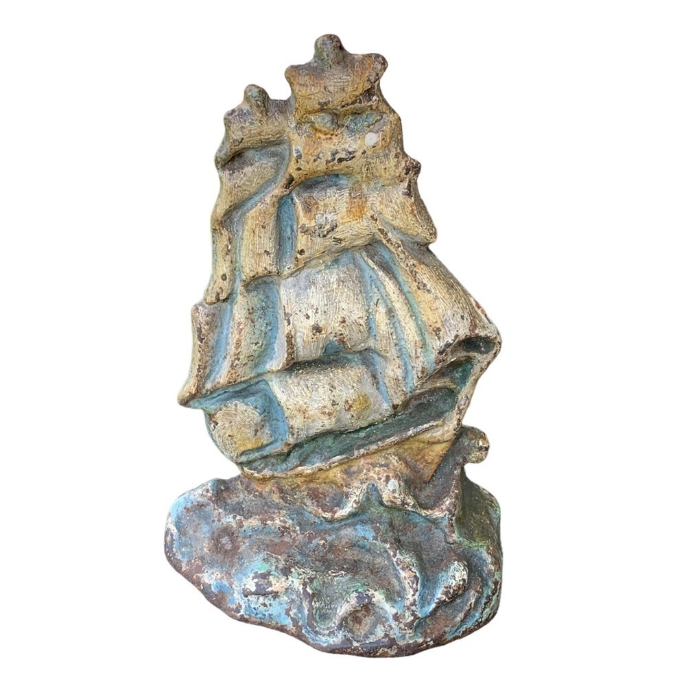 Antique Cast Iron Doorstop Clipper Sailing Ship Original Paint Nautical Ocean